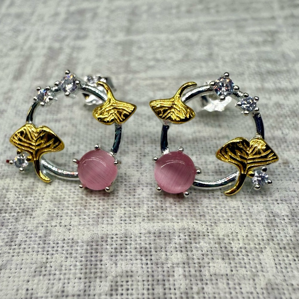 Sterling Silver (S925) Pink Stone & Ginkgo Leaf Circle Earrings